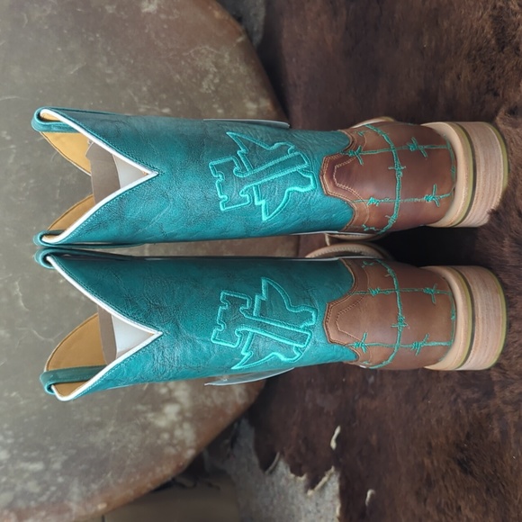 TIN HAUL "Barb'd Wire" turquoise & brown leather square toe cowgirl boot… - Picture 6 of 16